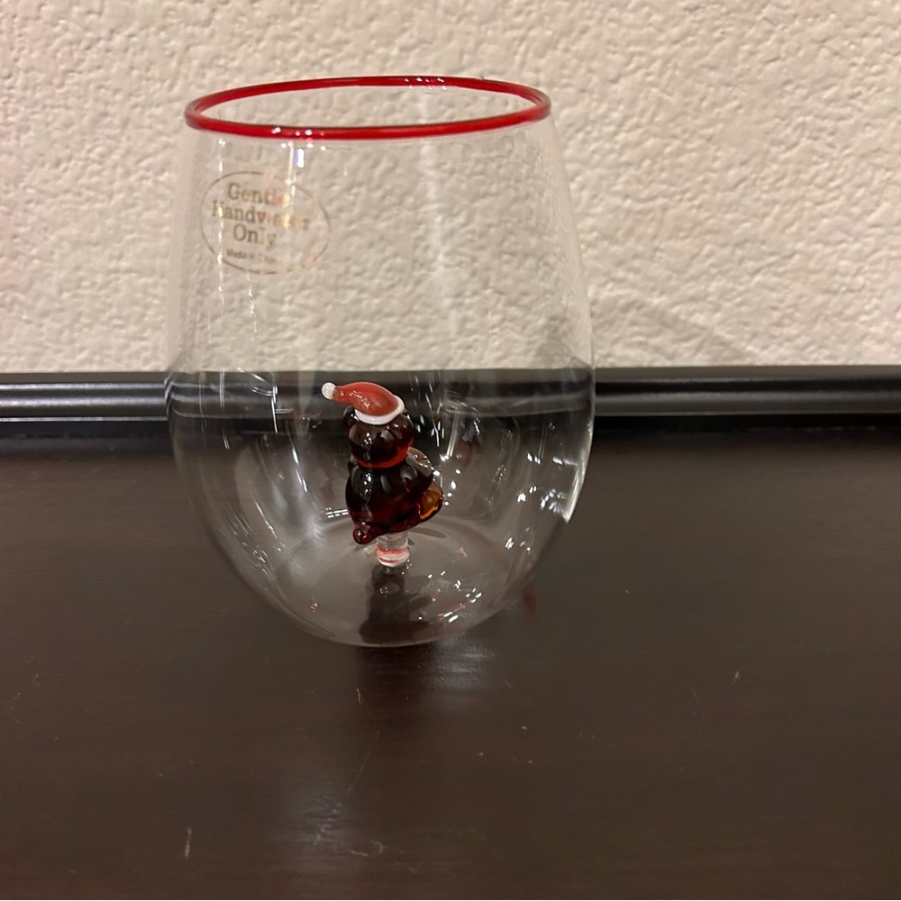 Anthropologie Jolly Icon Stemless Wine Glass Teddy Bear Santa Hat NEW - Picture 3 of 11